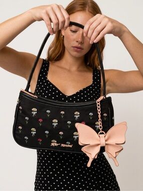 NWOT Betsy Johnson Black Floral Embroidered Shoulder Bag with Butterfly Charm